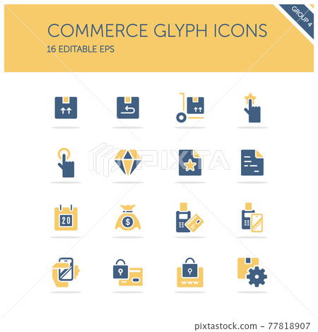 Commerce. Box, diamond, hand, swiping machine, security, money and calendar group. Isolated icon set. Isolated icon set. Glyph vector illustration 77818907