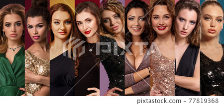 Collage of young girls in stylish dresses and jewelry. They expressing different facial emotions. Posing on colorful backgrounds. Close-up 77819368