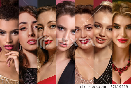 Collage of females faces with bright make-up and stylish jewelry. Expressing different facial emotions against colorful backgrounds. Close-up Collage of females faces with bright make-up and stylish jewelry. Expressing different facial emotions against colorful backgrounds. Close-up 77819369