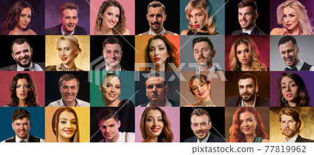Collage of women and men faces expressing different facial emotions, smiling, unsmiling. Posing on colorful backgrounds Collage of women and men faces expressing different facial emotions, smiling, unsmiling. Posing on colorful backgrounds 77819962