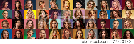 Collage of women and men faces expressing different facial emotions, smiling, unsmiling. Posing on colorful backgrounds 77820180