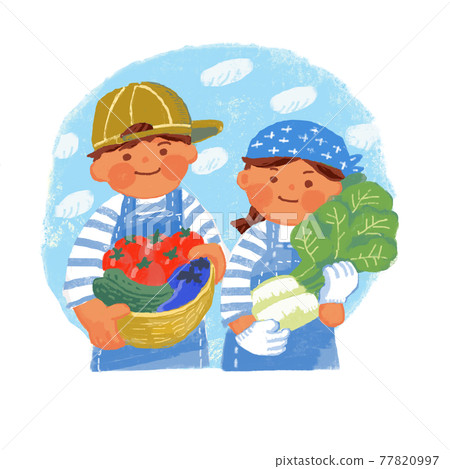 Two people holding vegetables against the blue sky 77820997