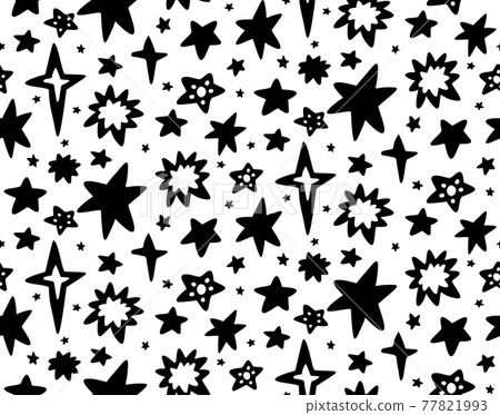 Seamless childish monochrome cosmos pattern with black different stars on white background. Vector texture of the universe. Vector wallpaper Seamless childish monochrome cosmos pattern with black different stars on white background. Vector texture of the universe. Vector wallpaper 77821993