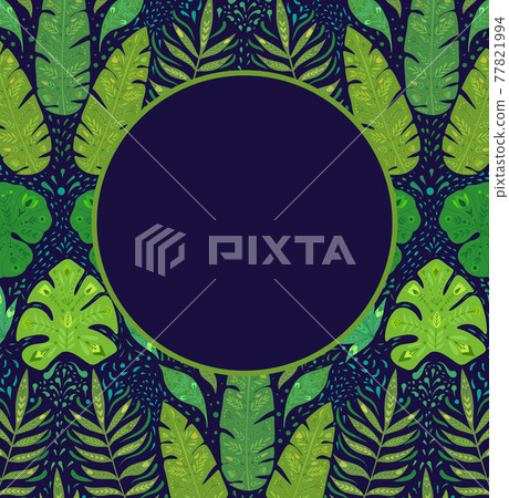 Vertical card with pattern with monstera, banana and liana leaves and copy space on a blue background. Tropical greeting card. Banner with jungle foliage. 77821994
