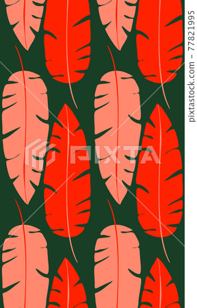 Contrast retro pattern with red silhouettes of banana leaves on green background. Tropical texture. Wallpaper with jungle foliage. Contrast retro pattern with red silhouettes of banana leaves on green background. Tropical texture. Wallpaper with jungle foliage. 77821995