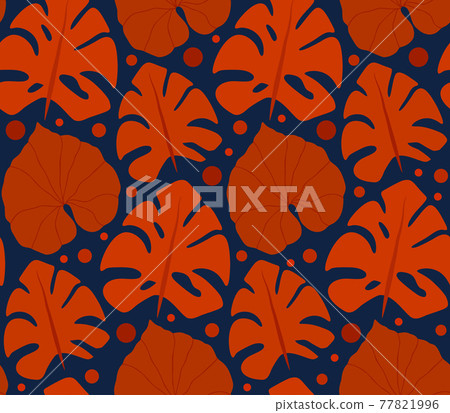 Contrast retro pattern with red silhouettes of monstera and liana leaves on a blue background. Tropical texture. Wallpaper with jungle foliage. Contrast retro pattern with red silhouettes of monstera and liana leaves on a blue background. Tropical texture. Wallpaper with jungle foliage. 77821996