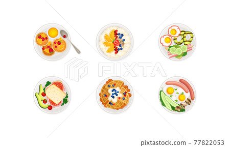 Breakfast Food with Pancakes and Scrambled Eggs Served on Plate Above View Vector Set Breakfast Food with Pancakes and Scrambled Eggs Served on Plate Above View Vector Set 77822053