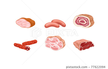 Meat Products with Salami, Bacon and Sausage Vector Set 77822094