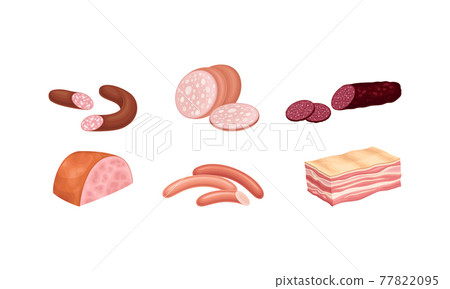 Meat Products with Salami, Bacon and Sausage Vector Set 77822095