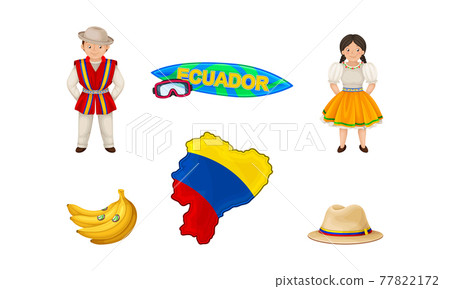 Ecuador Attributes with Banana Bunch and People Wearing National Clothing Vector Set 77822172