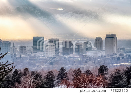 Skyscrapers and buildings on a foggy cityscape with view of a snowy mountain 77822530