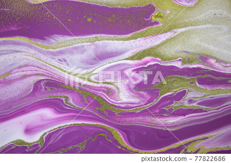 Marble purple acrylic texture with gold glitter. Close up liquid ink background. 77822686