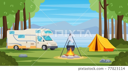 Summer camp in forest with bonfire, tent, backpack and lantern. Summer camp in forest with bonfire, tent, backpack and lantern. 77823114