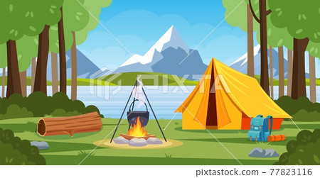 Summer camp in forest with bonfire, tent, backpack and lantern. Summer camp in forest with bonfire, tent, backpack and lantern. 77823116