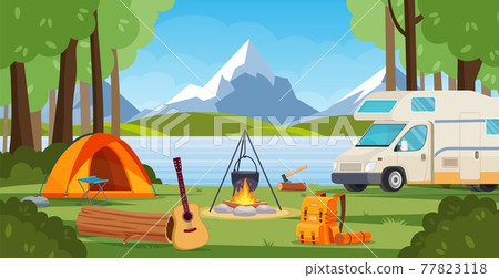 Summer camp in forest with bonfire, tent, backpack and lantern. Summer camp in forest with bonfire, tent, backpack and lantern. 77823118