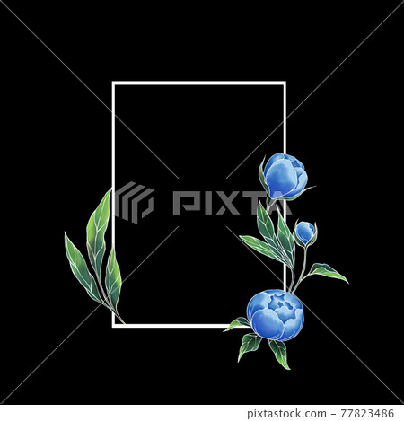 Frame with blue peony flowers on black, watercolor style. Greeting card template Frame with blue peony flowers on black, watercolor style. Greeting card template 77823486