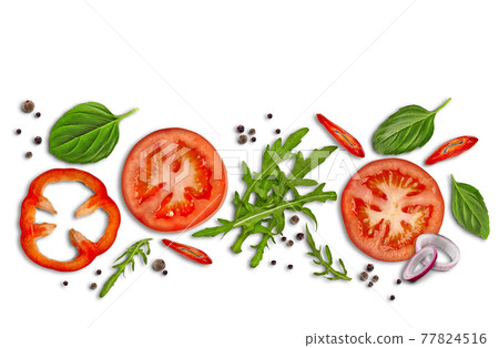 Collage of green leaves of arugula and basil, sliced red spicy and bell pepper, onion and tomatoes, black pepper peas. Isolated on white. Close up 77824516