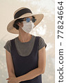Asian female tourists wear gray clothes, hats, glasses and face masks. 77824664