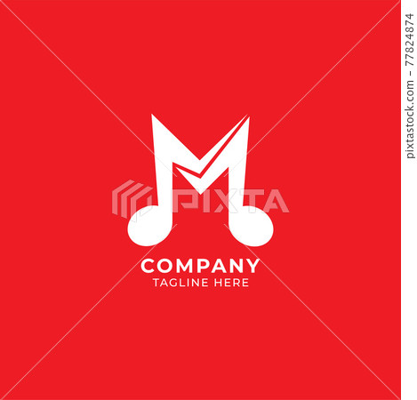 Letter M Alphabet Music Logo Design isolated on Red Background. Initial, Musical Note, Quaver, Eighth Notes logo concept. Monogram Lettermark Logotype 77824874