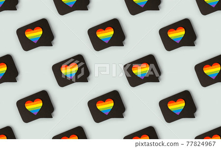 Happy Pride month banner for lgbt rights or social issues event. Colorful rainbow heart in black social media interaction cloud, symbol for homosexual love, marriage, partnership sex, seamless pattern 77824967