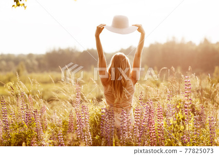 A young girl in a light dress with a hat on her outstretched arms on a lupine field, looking at the sunset. Rear view, space for text A young girl in a light dress with a hat on her outstretched arms on a lupine field, looking at the sunset. Rear view, space for text 77825073