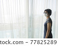 Asian female tourists wear gray clothes, glasses and face masks in State Quarantia. 77825289