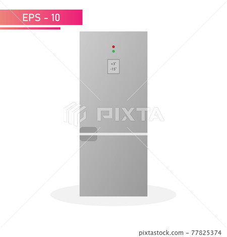 Modern gray refrigerator with display, display and two cameras. Realistic design. On a white background. Household appliances for the home. Flat vector illustration. 77825374