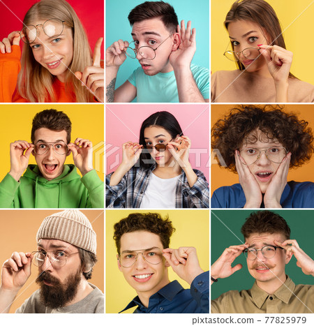 Portraits of group of people on multicolored background, collage. Portraits of group of people on multicolored background, collage. 77825979