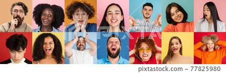 Portraits of group of people on multicolored background, collage. Portraits of group of people on multicolored background, collage. 77825980