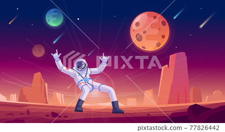 Astronaut dancing on some Planet in the Space and planet background. Red, purple Space landscape background for game or design. Vector cartoon illustration 77826442