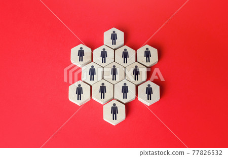 People combined into a star-shaped structure. Unity. Building a business team, teamwork cooperation. Staff expansion and recruiting. Human resources. Personnel management. Discipline and hierarchy. People combined into a star-shaped structure. Unity. Building a business team, teamwork cooperation. Staff expansion and recruiting. Human resources. Personnel management. Discipline and hierarchy. 77826532