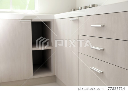 Close up of kitchen cabinets with metal pulls or knobs on the doors. Close up of kitchen cabinets with metal pulls or knobs on the doors. 77827714