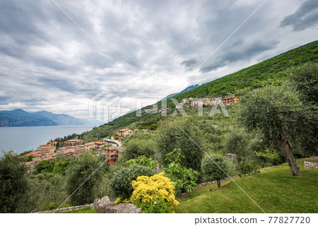Aerial view of the Lake Garda with the village of Castelletto di Brenzone - Veneto Italy Aerial view of the Lake Garda with the village of Castelletto di Brenzone - Veneto Italy 77827720