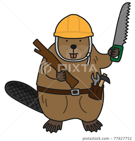 Beaver in a helmet with a saw in his hand Beaver in a helmet with a saw in his hand 77827752