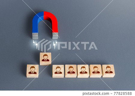 Magnet pulls a person out of row blocks. Choosing best candidate for hiring. Poaching participants from other company team. Luring concept. Competition for a working high position of a manager. Magnet pulls a person out of row blocks. Choosing best candidate for hiring. Poaching participants from other company team. Luring concept. Competition for a working high position of a manager. 77828588