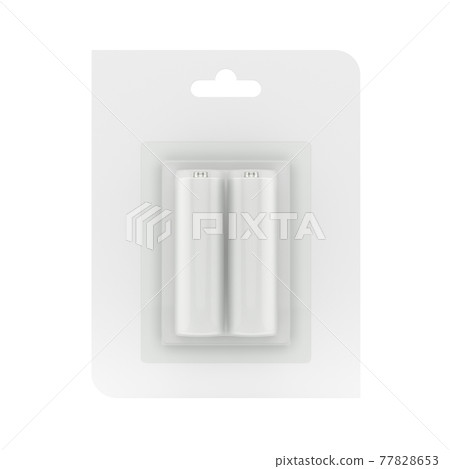 Blister pack of two batteries, 3D illustration. Blister pack of two batteries, 3D illustration. 77828653