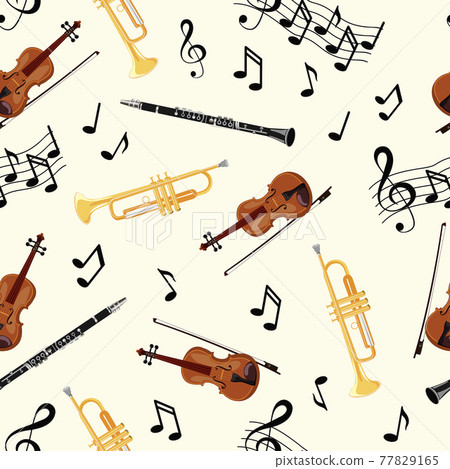 Seamless pattern with violins, pipe, oboe and notes on white background. Art vector illustration Seamless pattern with violins, pipe, oboe and notes on white background. Art vector illustration 77829165