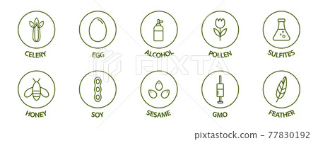 Allergen line icon set. Allergy warning ingredients. Soybean nut celery, corn, milk, honey spicy, sugar alcohol, gluten mustard, gmo sesame, lactose fish, egg mollusk pollen free. Vector illustration 77830192
