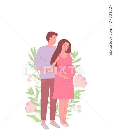 A pregnant woman and her husband are standing. Young family, the concept of love and care. Vector illustration, flat. 77831327