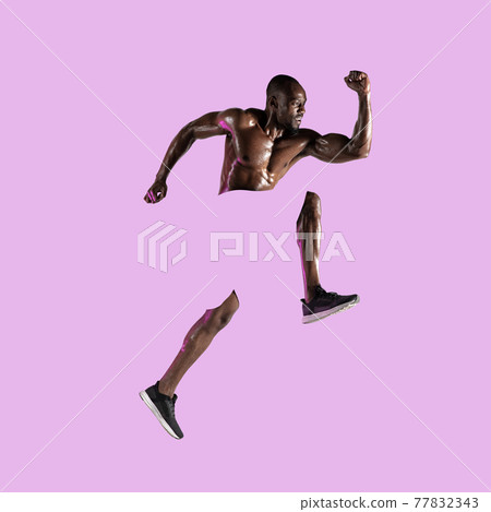 Modern design, contemporary art collage. Inspiration, idea, trendy magazine style. Sport. Professional male runner, jogger on pink background. 77832343