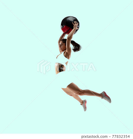 Modern design, contemporary art collage. Inspiration, idea, trendy magazine style. Sport. Professional female athlete, coach on blue background. Modern design, contemporary art collage. Inspiration, idea, trendy magazine style. Sport. Professional female athlete, coach on blue background. 77832354