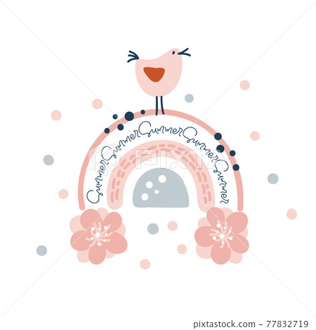 Vector spring rainbow with flowers bouquet, dots and bird above. Cartoon hand drawn scandinavian style summer isolated on white background for kids, children books, interior design Vector spring rainbow with flowers bouquet, dots and bird above. Cartoon hand drawn scandinavian style summer isolated on white background for kids, children books, interior design 77832719