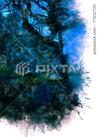 Fabulous blue flower with small lights in the middle of a wild forest Fabulous blue flower with small lights in the middle of a wild forest 77832720