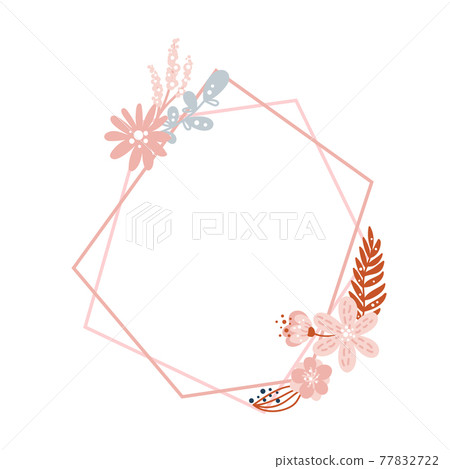 Vector floral geometric polygon frame with floral bouquet and flower rainbow illustration. Kids scandinavian hand drawn style for anniversary, birthday, invitation with place for text. Pastel colors 77832722