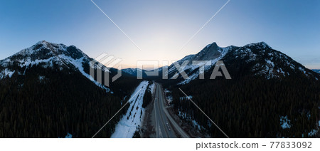 Aerial Panoramic View of a scenic Highway passing in the Canadian Landscape Aerial Panoramic View of a scenic Highway passing in the Canadian Landscape 77833092