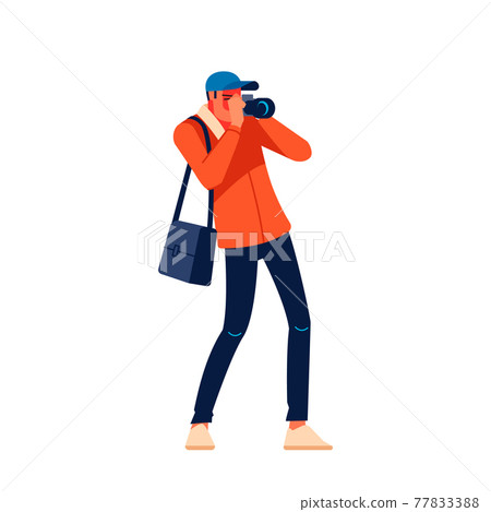 Photojournalist, cameraman documenting war and conflict, street riots. Character Journalist photographer making pictures. Cartoon flat style design vector illustration isolated on white background Photojournalist, cameraman documenting war and conflict, street riots. Character Journalist photographer making pictures. Cartoon flat style design vector illustration isolated on white background 77833388