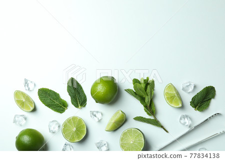 Ingredients for mojito cocktail on white background, space for text 77834138