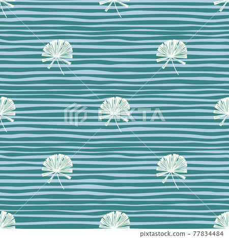 White minimalistic palm licuala ornament seamless pattern. Blue striped background. Nature backdrop. White minimalistic palm licuala ornament seamless pattern. Blue striped background. Nature backdrop. 77834484