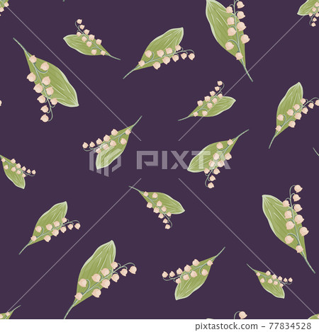 Random green and pink colored lily of the valley flower shapes. Purple background. Nature backdrop. Random green and pink colored lily of the valley flower shapes. Purple background. Nature backdrop. 77834528