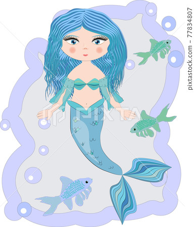 Cartoon beautiful little mermaid in a wreath. Siren. Sea theme. Cartoon beautiful little mermaid in a wreath. Siren. Sea theme. 77834807